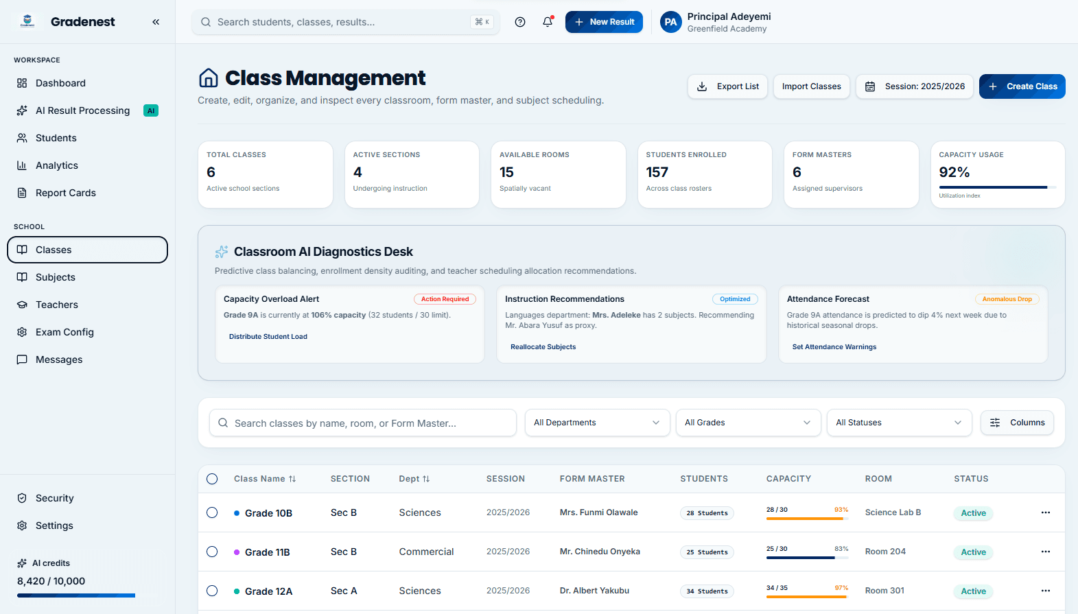 Class Management Interface